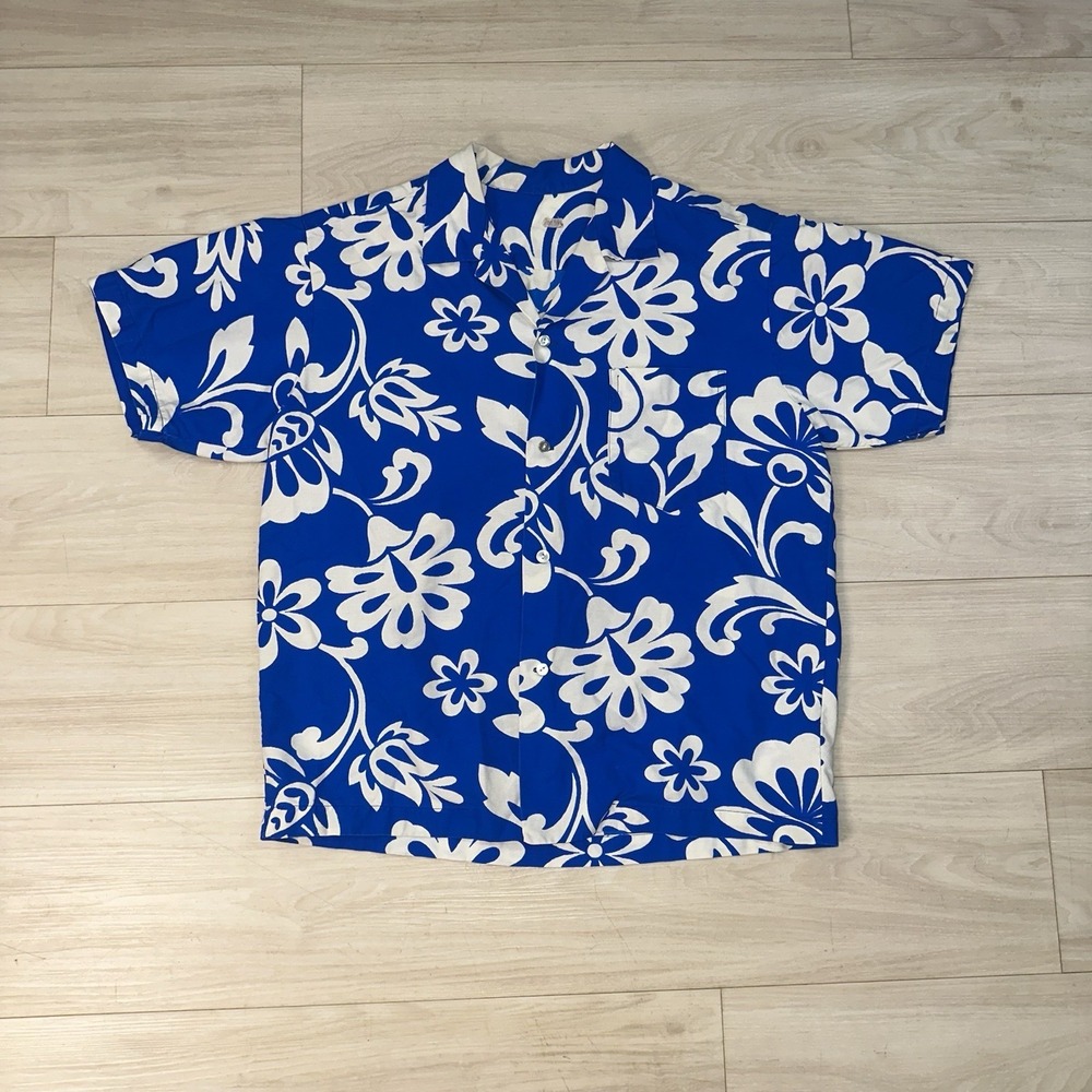 Vintage 50s Hawaiian Shirt Size Large Blue Floral Buttons Beach Aloha Bright 60s